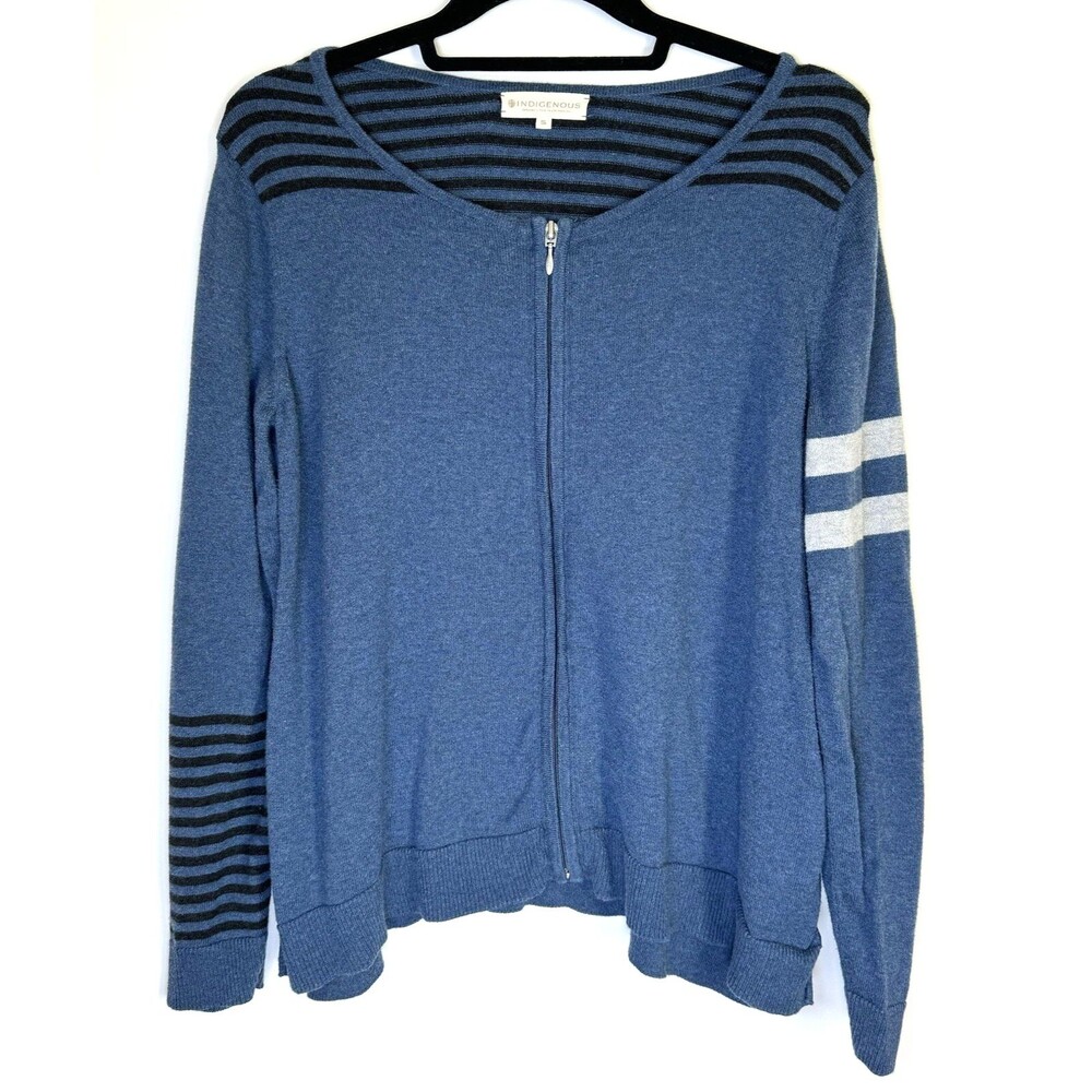 Indigenous‎ Sweater Womens Small Blue Black Organic Cotton Striped Full Zip Peru
